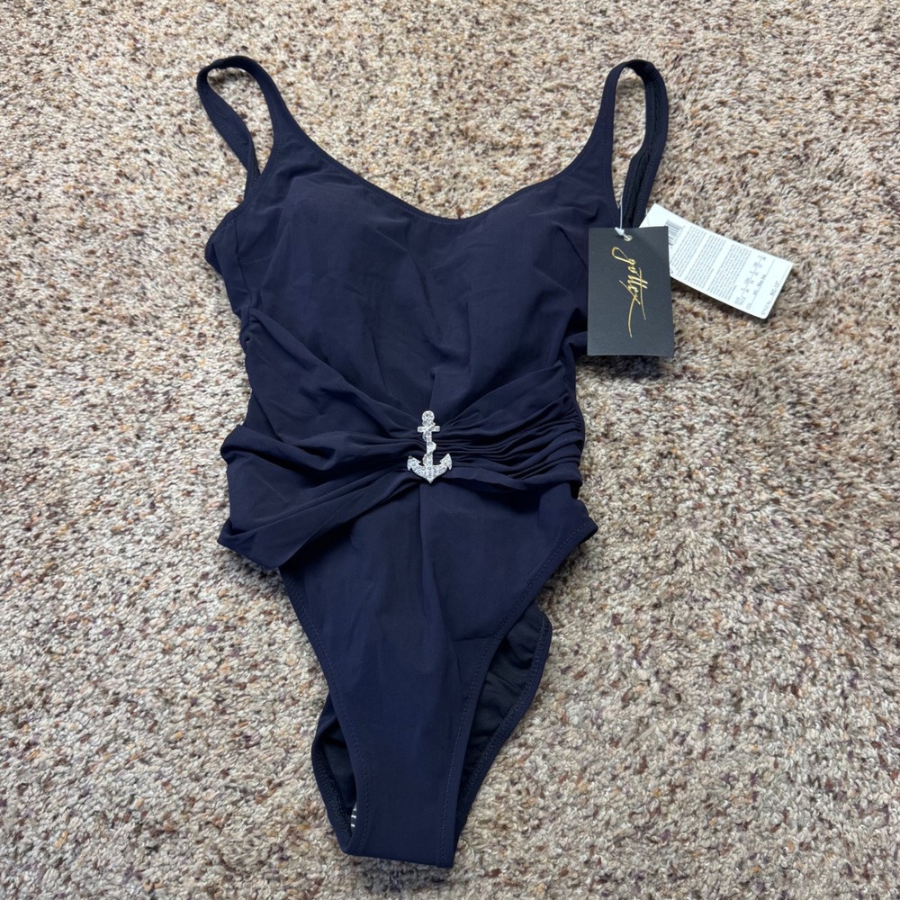 Gottex Blue Ink Nautical Anchor One Piece Swimsuit Ruched Rhinestone 802-137 10